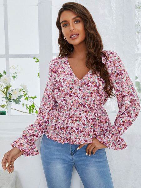 ditsy floral flounce sleeve ruffle trim blouse 71hq#, White