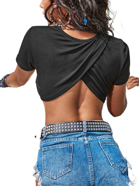 wrap back crop solid tee 34oi#, White 
wrap back crop solid tee 34oi#, White