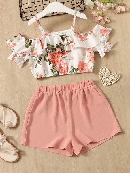 girls floral print ruffle trim cold shoulder & shorts she01, White
girls floral print ruffle trim cold shoulder & shorts she01, White