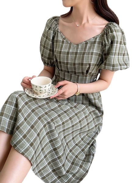 dazy plaid print puff sleeve dress m6xo#, Black;gray