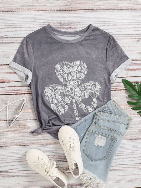 floral and clover print tee 1054#, White