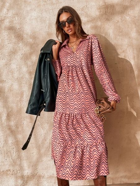 chevron print ruffle hem lantern sleeve dress h7xi#, Black;gray 
chevron print ruffle hem lantern sleeve dress h7xi#, Black;gray