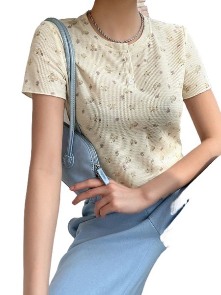 dazy half button ditsy floral tee 25yu#, White
