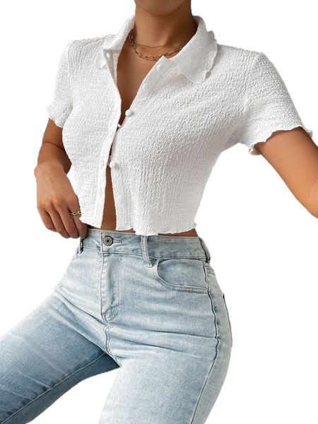 button front lettuce trim crop textured tee e5pf#, White
button front lettuce trim crop textured tee e5pf#, White