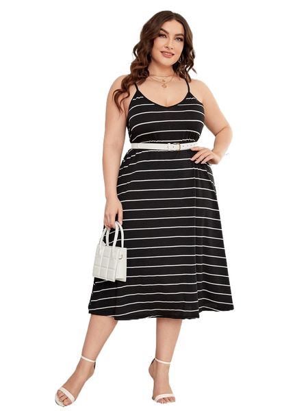 plus striped cami dress without belt b4c7#, Black