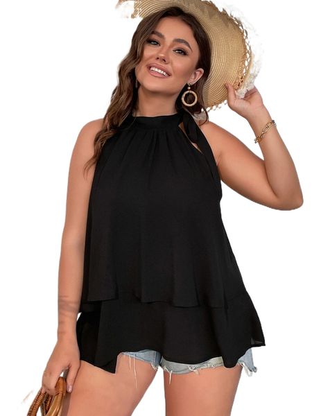 plus knot detail tiered layer halter h65g#, Black