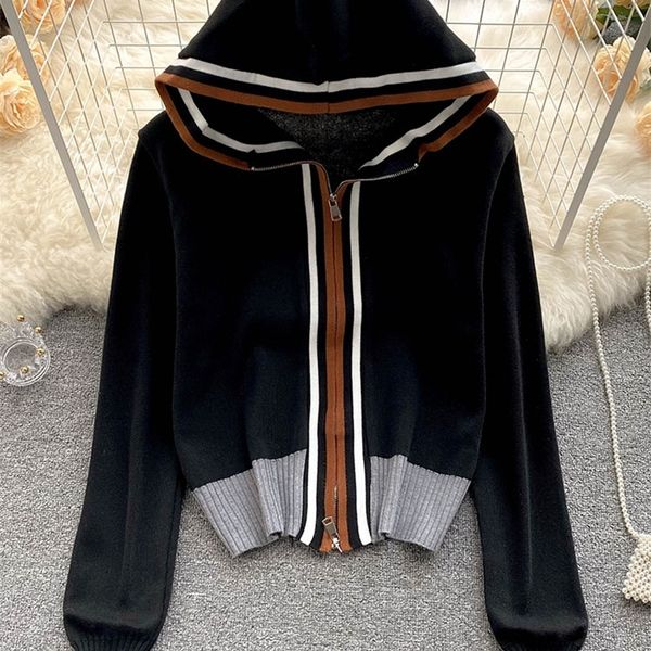 womeneuropean and american fashion striped stitching hooded jacket womens zipper loose knit cardigan d0235 220813, White;black
womeneuropean and american fashion striped stitching hooded jacket womens zipper loose knit cardigan d0235 220813, White;black