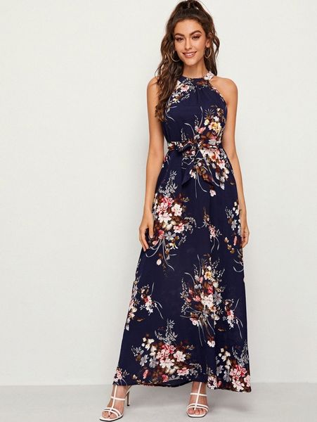 floral print tie back belted maxi dress b1fc#, Black;gray