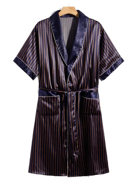 men striped shawl collar patched pocket belted robe u5be#, Black;brown
men striped shawl collar patched pocket belted robe u5be#, Black;brown