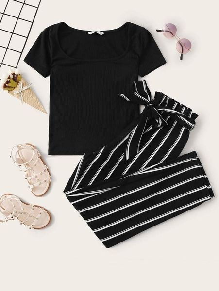 girls solid rib-knit tee and paperbag waist striped pants set she, White 
girls solid rib-knit tee and paperbag waist striped pants set she, White