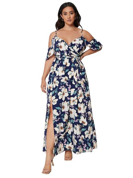 plus allover floral print cold shoulder split thigh belted dress b4yc#, Black
plus allover floral print cold shoulder split thigh belted dress b4yc#, Black
