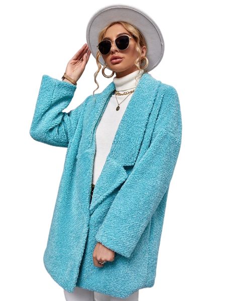 lapel neck drop shoulder fleece coat 77fe#, Black
lapel neck drop shoulder fleece coat 77fe#, Black