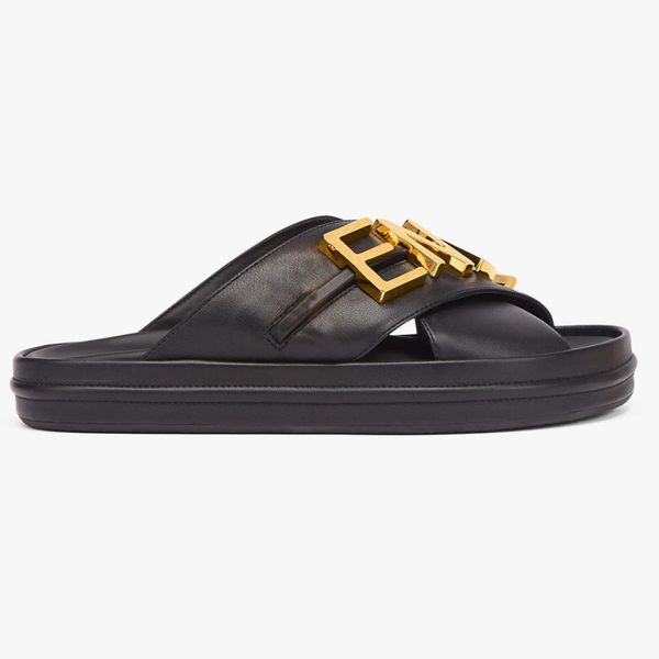 r slippers pink black white leather sandals wide cross laces gold metal lettering size35-41 
r slippers pink black white leather sandals wide cross laces gold metal lettering size35-41