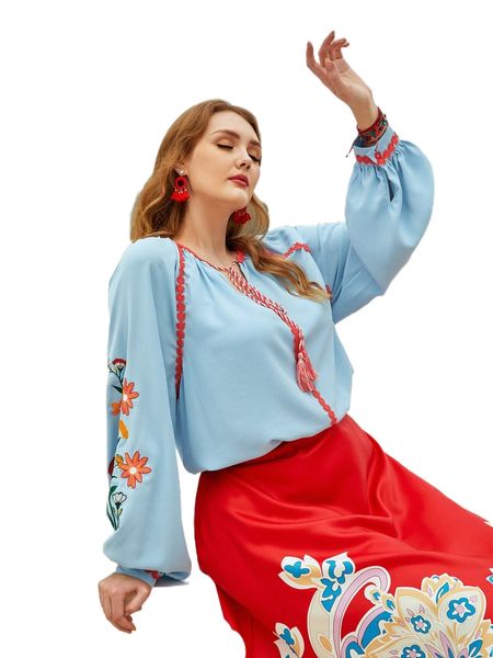 plus floral embroidery fringe detail lantern sleeve blouse y0ut#, Black 
plus floral embroidery fringe detail lantern sleeve blouse y0ut#, Black
