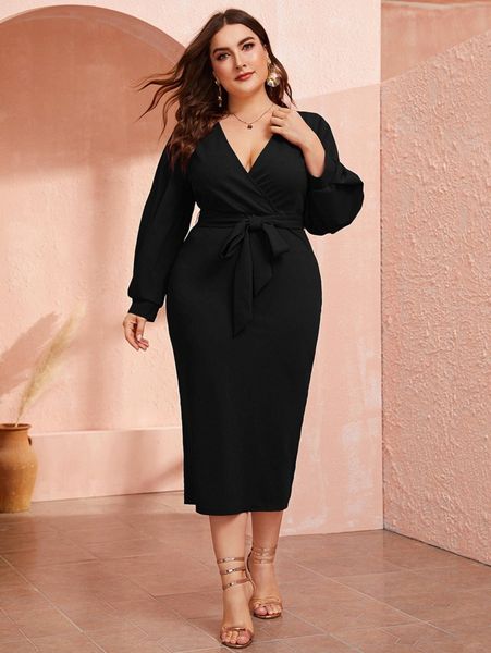 plus surplice neck slit hem belted dress 67th#, Black