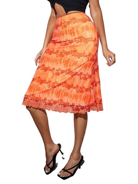 high waist floral print lettuce trim skirt u7sr#, Black
high waist floral print lettuce trim skirt u7sr#, Black