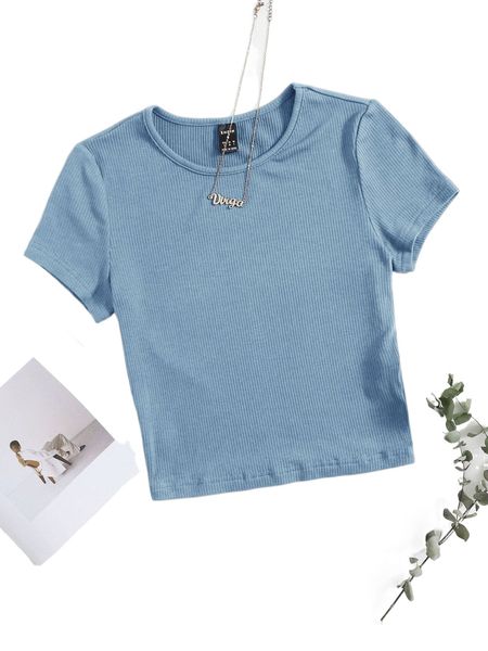 rib-knit solid crop tee 39ej#, White