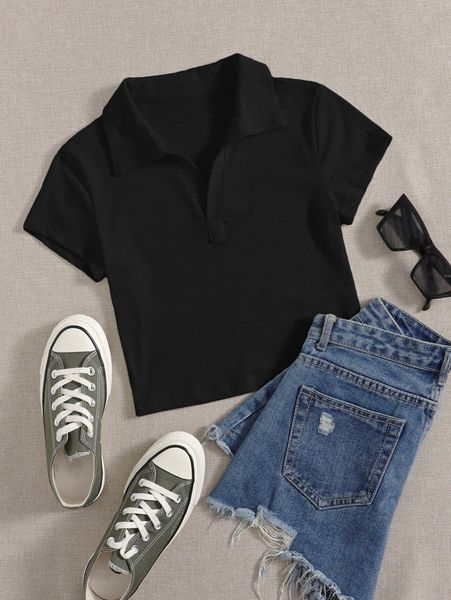 rib-knit crop solid tee t0ht#, White