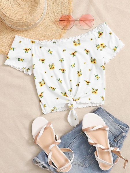 lettuce trim tie hem sunflower print bardot l7en#, White