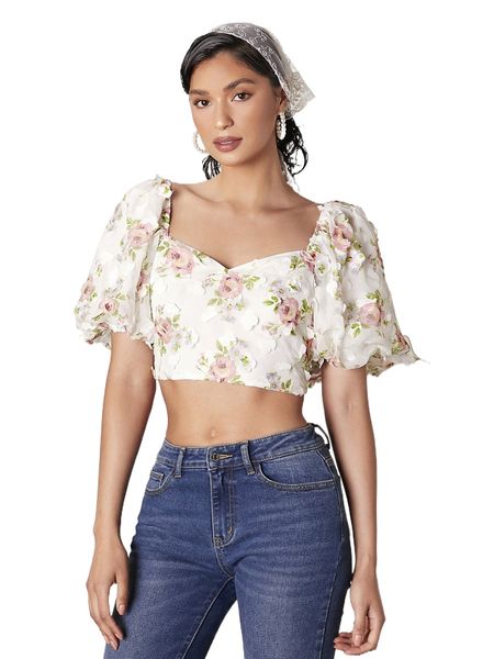 floral print applique sweetheart neck puff sleeve lace-up back blouse b9i5#, White
floral print applique sweetheart neck puff sleeve lace-up back blouse b9i5#, White