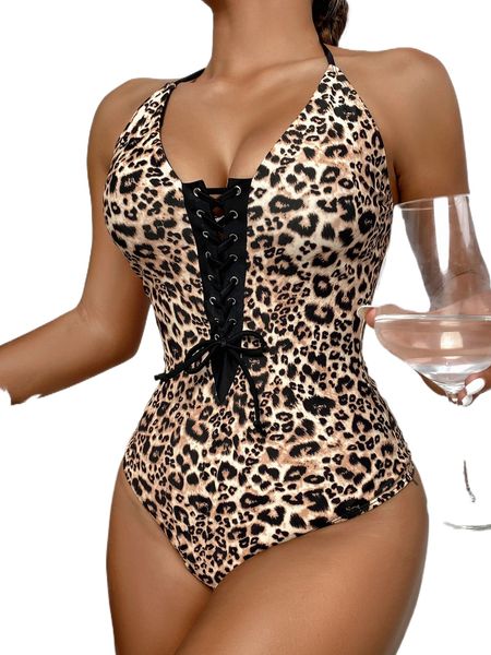 leopard print lace up front tie back halter one piece swimsuit w5yu#, White;black