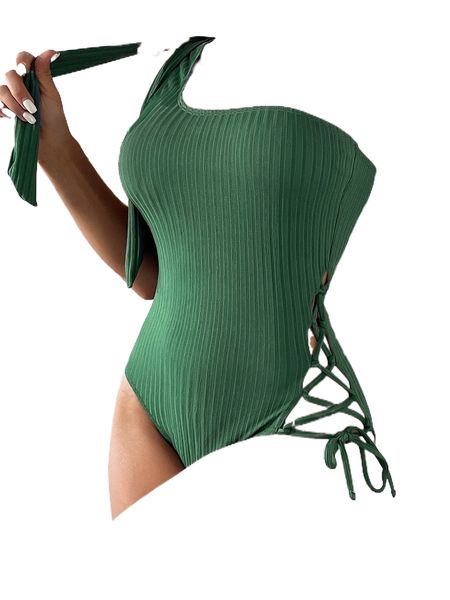one shoulder lace up side one piece swimsuit 15yj#, White;black