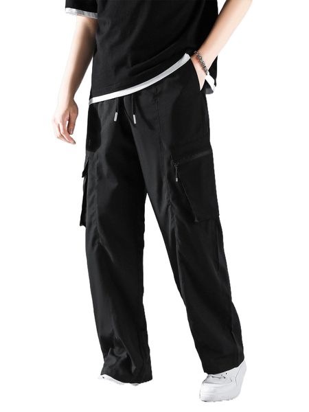 men drawstring waist flap pocket cargo pants i6wt#, Black