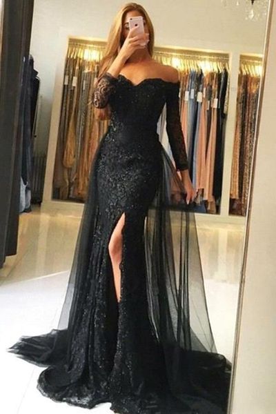 stock elegant off the shoulder lace prom dresses long sleeves high split floor length evening dresses with tulle over skirts ba6240 ship wit, Black
stock elegant off the shoulder lace prom dresses long sleeves high split floor length evening dresses with tulle over skirts ba6240 ship wit, Black