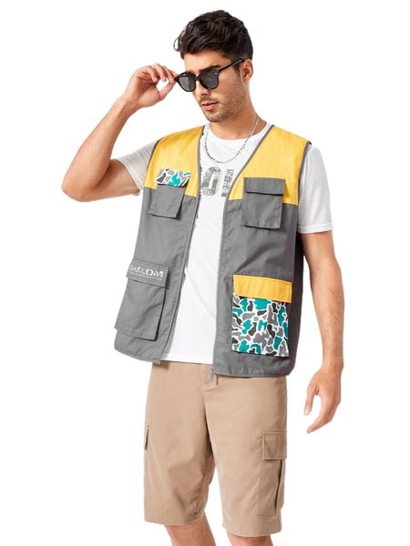 x shalom men color block slogan embroidery zipper vest jacket i5en#, Black;brown