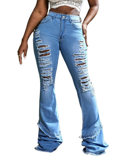 sxy ripped frayed raw trim flare leg jeans l3gb#, Blue 
sxy ripped frayed raw trim flare leg jeans l3gb#, Blue