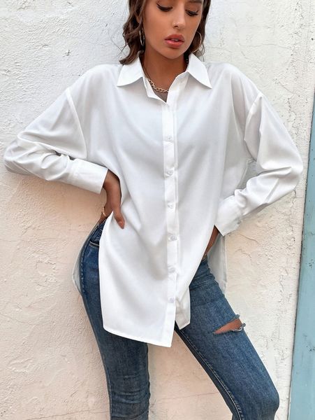 drop shoulder split side button front blouse 49zk#, White 
drop shoulder split side button front blouse 49zk#, White