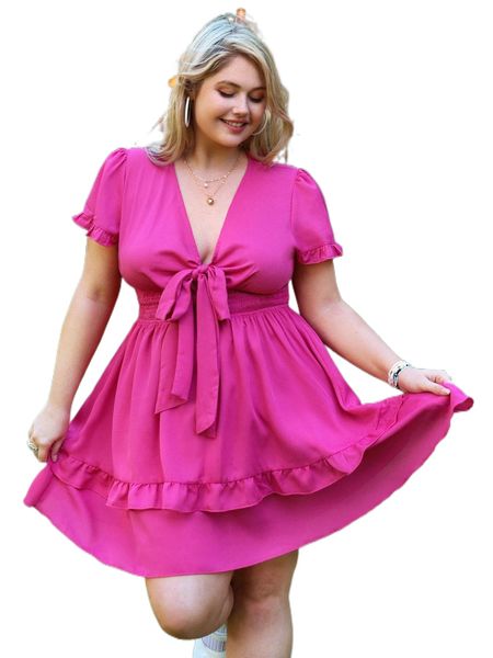 plus shirred waist tie front ruffle hem dress y2no#, Black
plus shirred waist tie front ruffle hem dress y2no#, Black