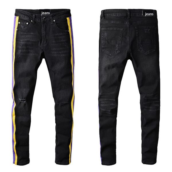 men's jeans men black slim ripped fashion brand yellow purple striped pants casual hip dance four season, Blue
men's jeans men black slim ripped fashion brand yellow purple striped pants casual hip dance four season, Blue