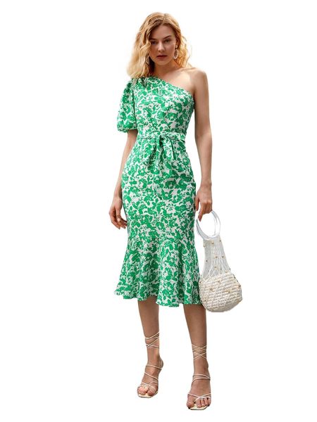 allover floral print one shoulder ruffle hem belted dress g1w1#, Black;gray
allover floral print one shoulder ruffle hem belted dress g1w1#, Black;gray