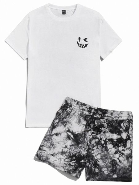 men expression print tee & tie dye drawstring waist shorts d86r#, Gray