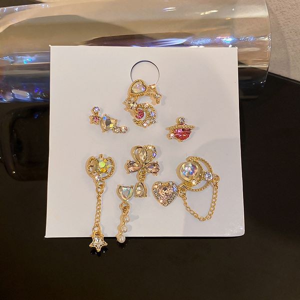 925 silver stud rhinestone-encrusted pearl zircon bow love heart earrings 9 earings set super fairy girl personalized earrings, Golden
925 silver stud rhinestone-encrusted pearl zircon bow love heart earrings 9 earings set super fairy girl personalized earrings, Golden