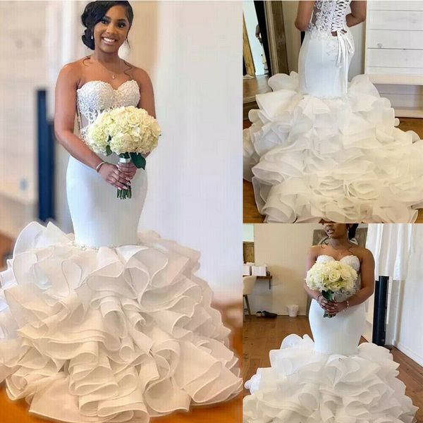 luxury african mermaid wedding dress with ruffles bottom elegant black girls lace garden country wedding gowns corset satin plus size bridal, White
luxury african mermaid wedding dress with ruffles bottom elegant black girls lace garden country wedding gowns corset satin plus size bridal, White