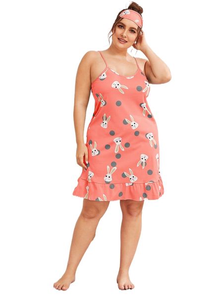 plus ruffle hem rabbit print cami dress with eye cover t5ip#, Black;white