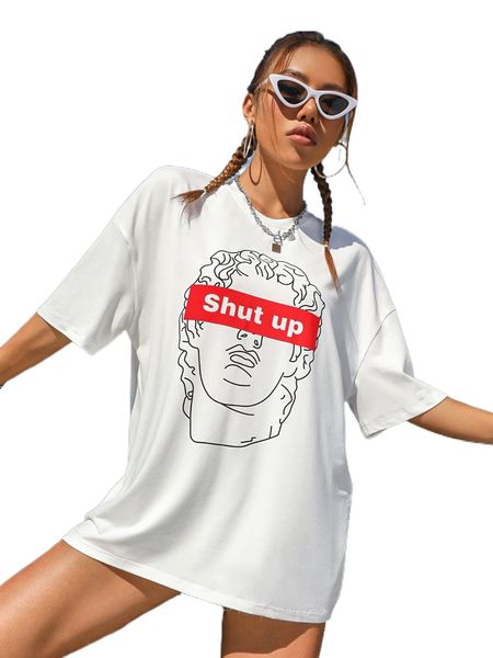 face line art & letter graphic drop shoulder tee i0zn#, White 
face line art & letter graphic drop shoulder tee i0zn#, White