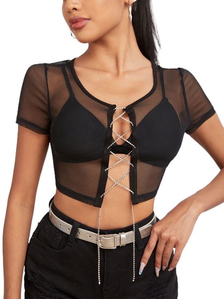 rhinestone lace up front crop mesh without bra 11yc#, White