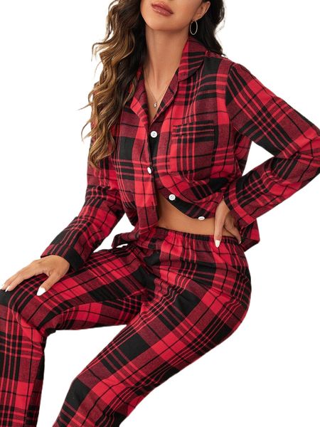 plaid print blouse & pants pj set a8rw#, Black;red