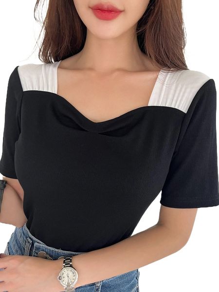dazy colorblock draped ruched rib-knit tee g9bd#, White 
dazy colorblock draped ruched rib-knit tee g9bd#, White
