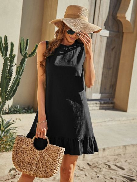 ruffle hem sleeveless smock dress c26j#, Black;gray 
ruffle hem sleeveless smock dress c26j#, Black;gray