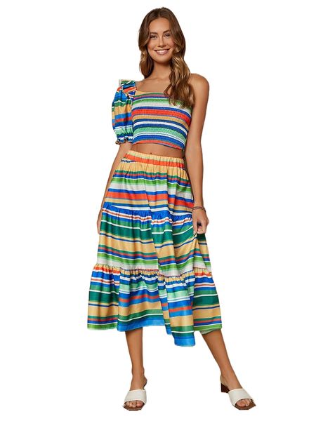 one shoulder puff sleeve shirred striped x2sg#, White 
one shoulder puff sleeve shirred striped x2sg#, White