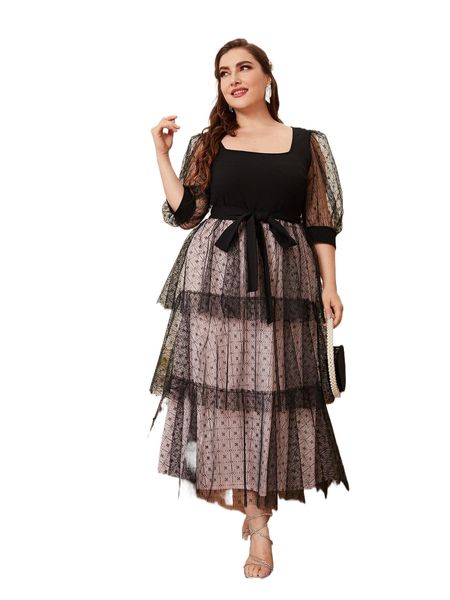 plus 1pc contrast mesh puff sleeve layered hem belted dress h00v#, Black
plus 1pc contrast mesh puff sleeve layered hem belted dress h00v#, Black