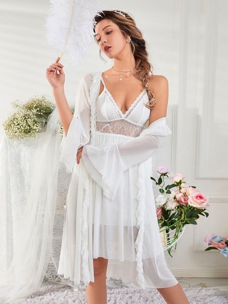 ruffle trim flounce sleeve robe & contrast lace cami sleep dress pj set 62ps#, Black;red
ruffle trim flounce sleeve robe & contrast lace cami sleep dress pj set 62ps#, Black;red