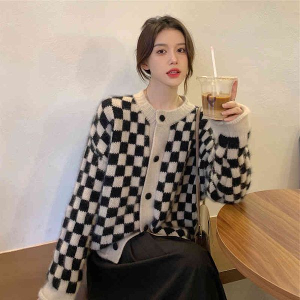 women's sweaters korea dongdamen spring and autumn black white checked single breasted sweater cardigan women's fashion agps, White;black
women's sweaters korea dongdamen spring and autumn black white checked single breasted sweater cardigan women's fashion agps, White;black