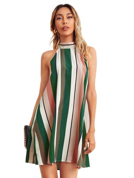 tie back striped halter dress x78k#, Black;gray