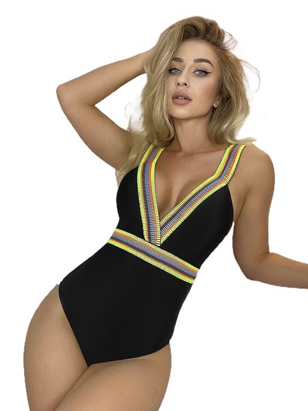 striped tape one piece swimsuit 90ir#, White;black