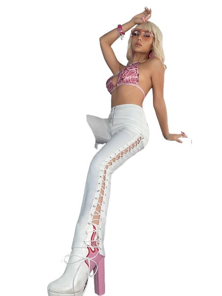 lace up grommet eyelet flare leg pants 16xh#, Black;white
lace up grommet eyelet flare leg pants 16xh#, Black;white